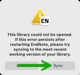 Image of the screen notice that a library cannot be opened